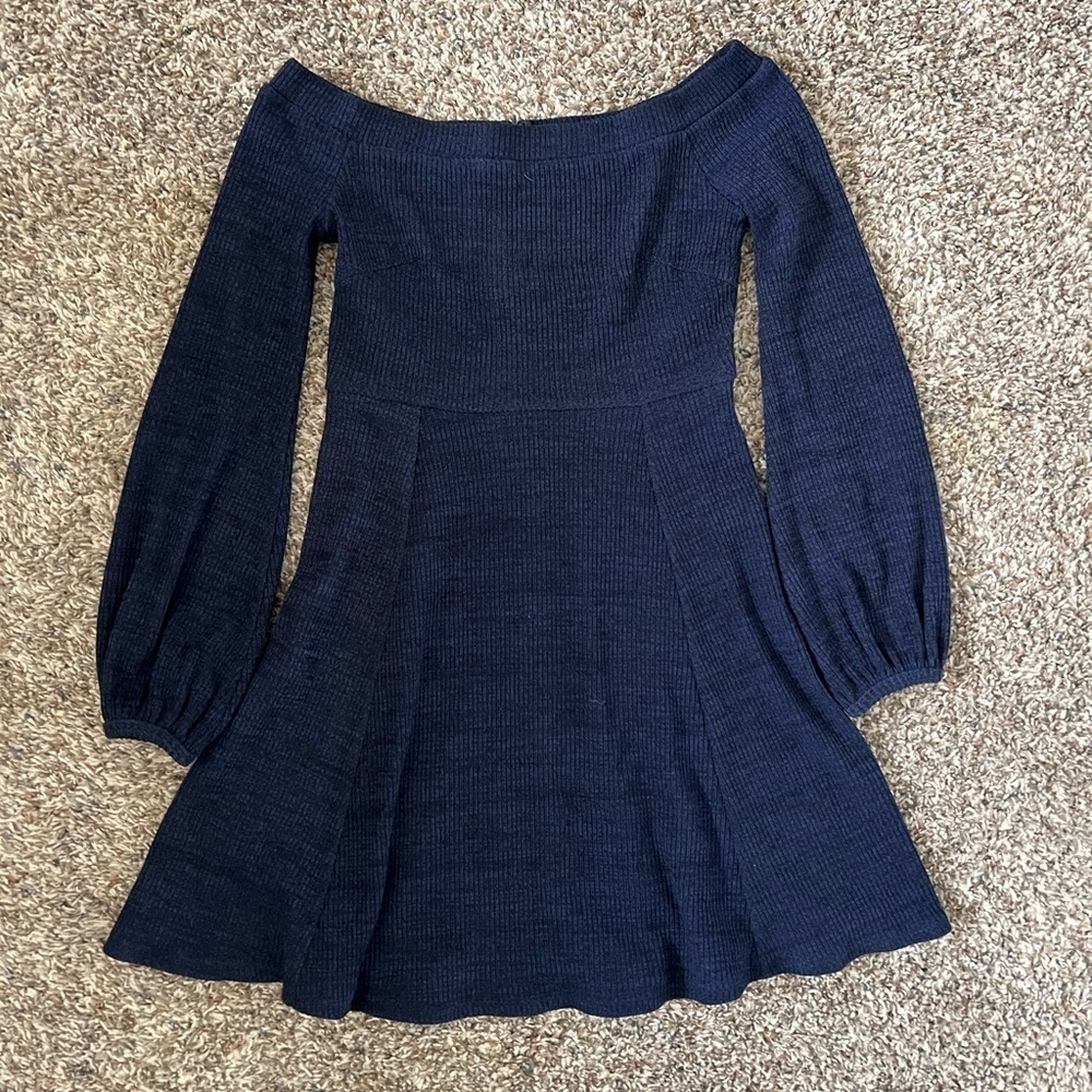 Lulu’s Navy Knit Off Shoulder Ballon Sleeve Mini Dress